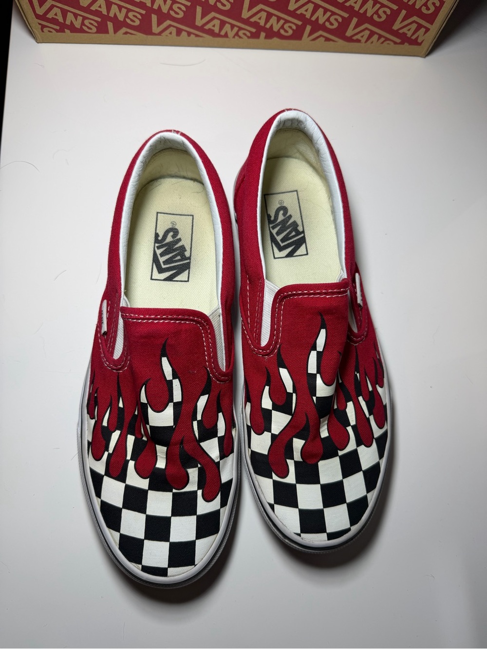 Vans Kids Red Checkerboard Slip-On Sneakers with Flame Graphic - Picture 3 of 5